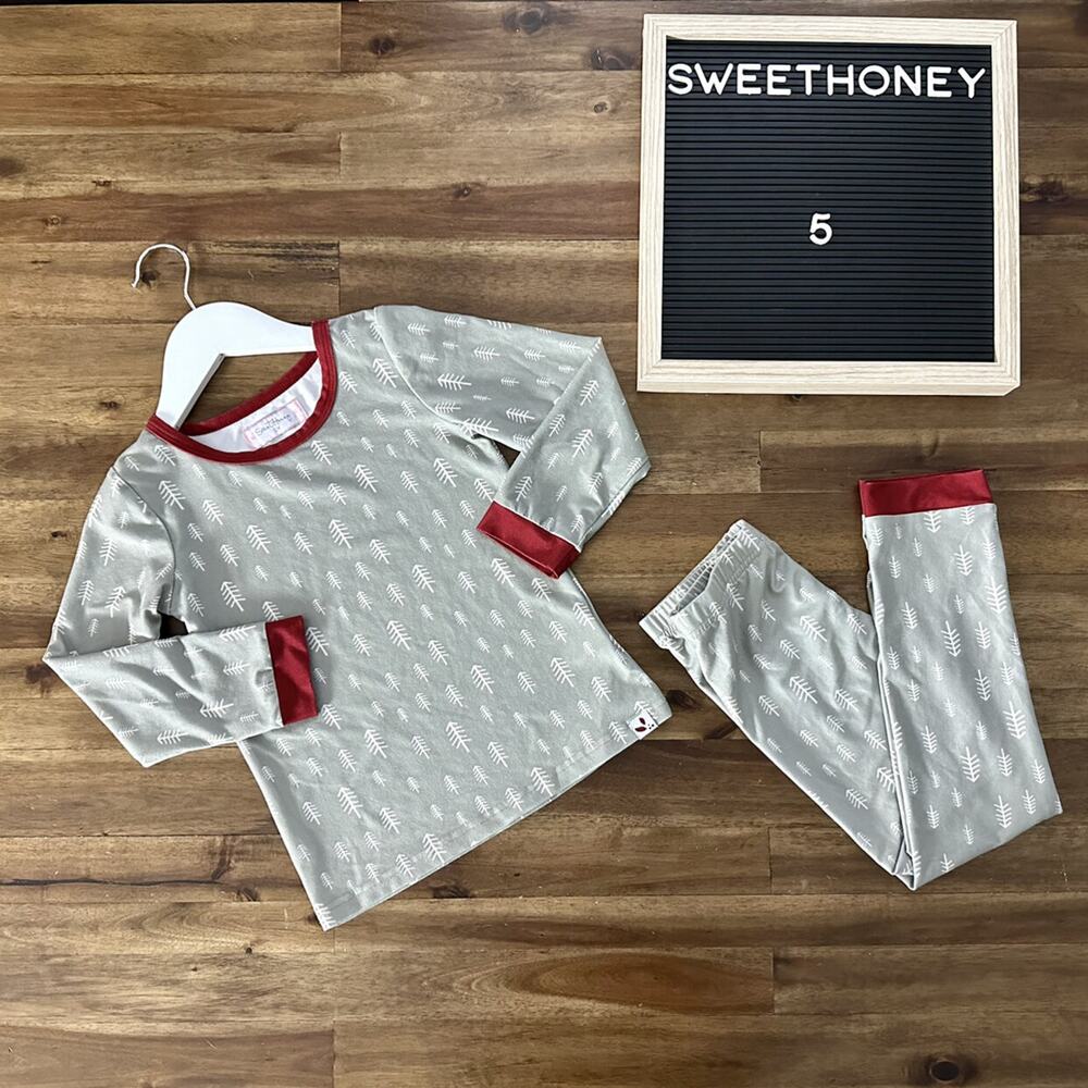 SweetHoney Dreamer Pajama Set Gray Green Sage Trees Long Sleeve Pants Christmas
